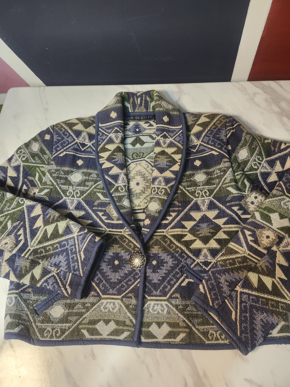 Vintage New Identity Southwestern Tapestry Shawl Collar Jacket P/L 100% Cotton